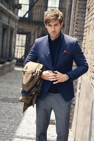 Navy Wool Blazer Dressy Outfits For Men: Pairing a navy wool blazer with grey wool dress pants is an awesome option for a classic and refined look.