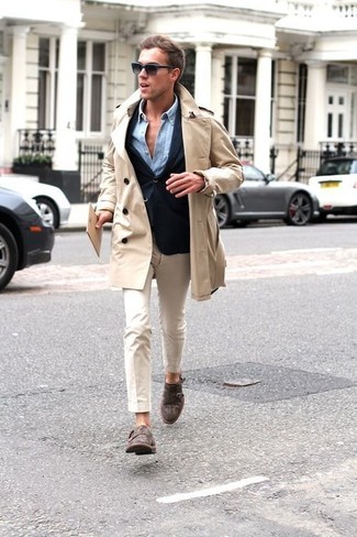 Combining a beige trenchcoat and beige chinos is a fail-safe way to breathe polish into your current arsenal. Feeling adventerous today? Shake things up with dark brown leather double monks.