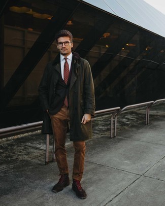 Tobacco Corduroy Dress Pants Outfits For Men: For a look that's absolutely Kingsman-worthy, rock an olive trenchcoat with tobacco corduroy dress pants. Go off the beaten path and shake up your look by finishing with a pair of dark brown suede casual boots.