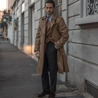 Dark Brown Trenchcoat Outfits For Men: Try pairing a dark brown trenchcoat with charcoal dress pants if you're going for a proper, fashionable outfit. And if you need to instantly dial down this look with one piece, why not complement your getup with dark brown suede double monks?