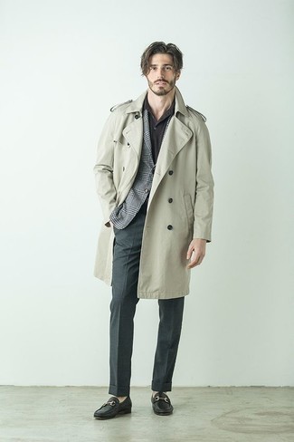 Dress Pants Outfits For Men: Channel your inner Kingsman agent and try pairing a beige trenchcoat with dress pants. Black leather loafers are an effortless way to add a dash of stylish casualness to this look.