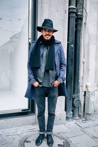 Navy Trenchcoat Outfits For Men: A navy trenchcoat and navy jeans are absolute wardrobe heroes if you're putting together a smart closet that matches up to the highest sartorial standards. Feeling transgressive? Spice up your ensemble by sporting a pair of navy leather derby shoes.