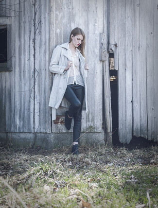 Women's Light Blue Trenchcoat, White Chiffon Button Down Blouse, Black Leather Leggings, Black Leather Ankle Boots