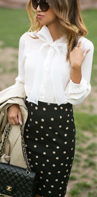 Women's Beige Trenchcoat, White Button Down Blouse, Black and White Polka Dot Pencil Skirt, Black Quilted Leather Crossbody Bag
