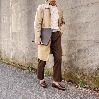 Multi colored Bandana Outfits For Men: A beige trenchcoat and a multi colored bandana are a smart pairing worth having in your off-duty fashion mix. Want to go all out when it comes to shoes? Choose a pair of dark brown leather loafers.