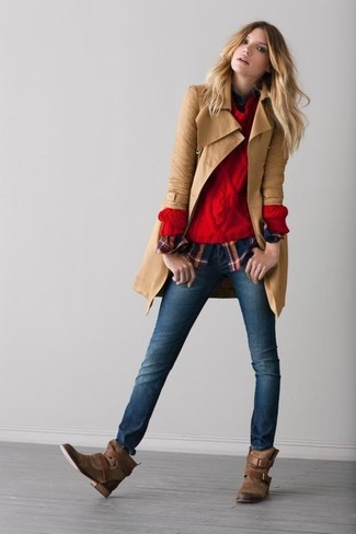 Women's Tan Leather Trenchcoat, Red Cable Sweater, Navy Plaid Dress Shirt, Navy Skinny Jeans