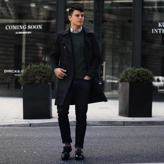Dark Green Cable Sweater Outfits For Men: A dark green cable sweater and navy jeans have become an essential combo for many fashion-forward men. To give your overall outfit a more polished aesthetic, why not introduce black leather double monks to the equation?