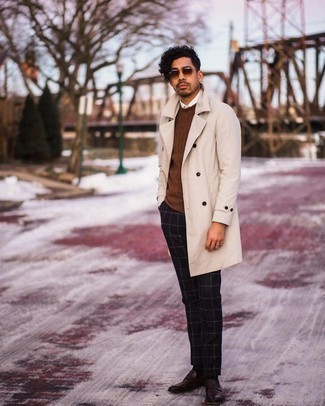 Beige Trenchcoat Outfits For Men: This semi-casual pairing of a beige trenchcoat and black check chinos can take on different forms according to the way you style it. Feeling transgressive today? Jazz things up with dark brown leather loafers.