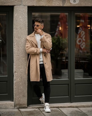 Men's Tan Trenchcoat, White Cable Sweater, Black Skinny Jeans, White Leather Low Top Sneakers