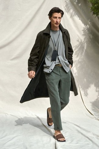 Grey Cardigan Outfits For Men: Opt for a grey cardigan and dark green chinos for both dapper and easy-to-style getup. Hesitant about how to finish? Add dark brown leather sandals to the mix for a more laid-back finish.