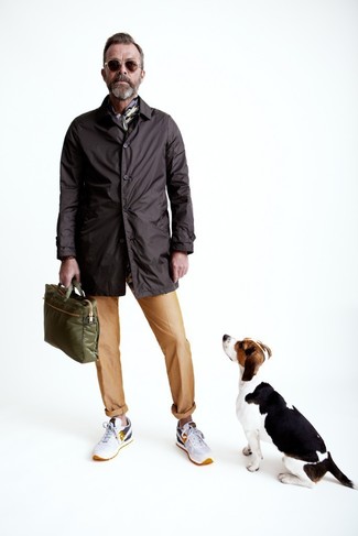 Olive Nylon Briefcase Outfits: Pairing a dark brown trenchcoat with an olive nylon briefcase is an awesome choice for a casual outfit. White athletic shoes are an easy way to add a confident kick to the look.