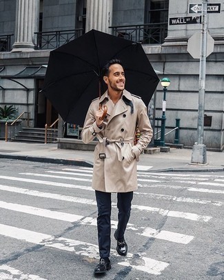 Tan Trenchcoat Outfits For Men: A tan trenchcoat and navy chinos are the perfect way to inject some polish into your casual fashion mix. Complement your getup with black leather loafers to easily dial up the style factor of this getup.