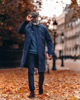 Olive Flat Cap Outfits For Men: Dress in a navy trenchcoat and an olive flat cap for both dapper and easy-to-achieve getup. Add dark brown suede chelsea boots to the mix to avoid looking too casual.