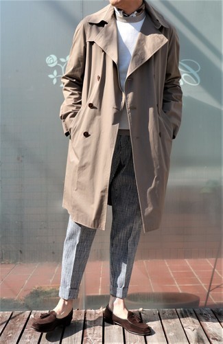 Men's Tan Trenchcoat, White Crew-neck Sweater, White and Black Gingham Chinos, Dark Brown Suede Tassel Loafers