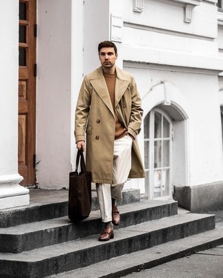 Dark Brown Socks Outfits For Men: For a look that's super straightforward but can be flaunted in plenty of different ways, consider teaming a tan trenchcoat with dark brown socks. Put an elegant spin on an otherwise straightforward ensemble by finishing off with brown leather double monks.