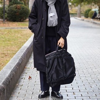 Men's Black Trenchcoat, Black Crew-neck Sweater, Navy Chinos, Black Leather Loafers