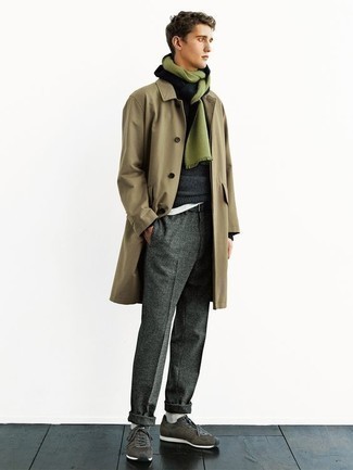 Dark Green Athletic Shoes Outfits For Men: This pairing of a tan trenchcoat and charcoal wool chinos is the perfect balance between sophisticated and laid-back. Feeling bold today? Jazz things up by wearing dark green athletic shoes.