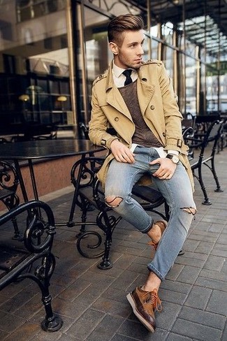 Men's Tan Trenchcoat, Brown Crew-neck Sweater, White Dress Shirt, Blue Ripped Skinny Jeans