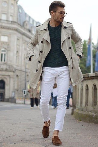Men's Beige Trenchcoat, Navy Crew-neck Sweater, White Jeans, Brown Suede Loafers