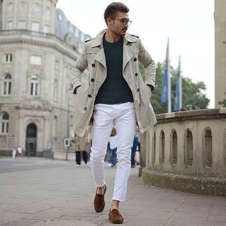 Tan Trenchcoat Outfits For Men: As you can see, it doesn't require that much effort for a man to look casually neat. Consider teaming a tan trenchcoat with white jeans and you'll look amazing. Let your styling expertise truly shine by completing this getup with brown suede loafers.