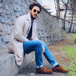 Dark Brown Suede Double Monks Outfits: A beige trenchcoat and blue skinny jeans are must-have menswear essentials to have in your casual box. Clueless about how to complete your look? Round off with dark brown suede double monks to ramp up the classy factor.