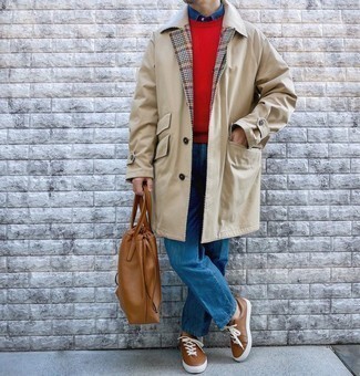 Men's Beige Trenchcoat, Red Crew-neck Sweater, Blue Chambray Long Sleeve Shirt, Blue Jeans