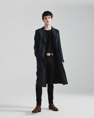 Black Crew-neck Sweater Outfits For Men: Try teaming a black crew-neck sweater with black skinny jeans for a comfortable outfit that's also put together. A great pair of dark brown suede chelsea boots is a simple way to transform your getup.