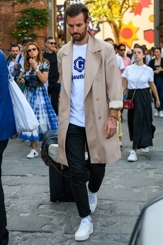 Men's Beige Trenchcoat, White and Blue Print Crew-neck T-shirt, Black Chinos, White Leather Low Top Sneakers