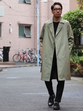 Men's Mint Trenchcoat, White and Black Crew-neck T-shirt, Black Chinos, Black Leather Derby Shoes