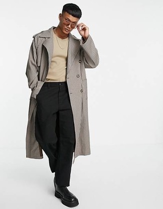 Men's Grey Houndstooth Trenchcoat, Beige Crew-neck T-shirt, Black Chinos, Black Leather Chelsea Boots
