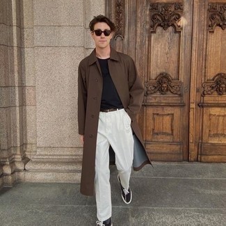 Men's Brown Trenchcoat, Black Crew-neck T-shirt, White Dress Pants, Black and White Canvas Low Top Sneakers