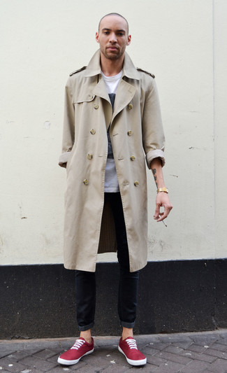 Men's Beige Trenchcoat, White and Black Print Crew-neck T-shirt, Black Jeans, Red Low Top Sneakers