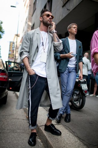 Men's Grey Trenchcoat, White Crew-neck T-shirt, Navy Jeans, Black Leather Derby Shoes