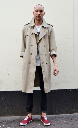 Men's Beige Trenchcoat, White and Black Print Crew-neck T-shirt, Black Jeans, Burgundy Canvas Low Top Sneakers