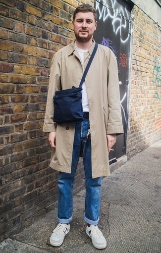 Men's Tan Trenchcoat, White Crew-neck T-shirt, Blue Jeans, Grey Suede Low Top Sneakers