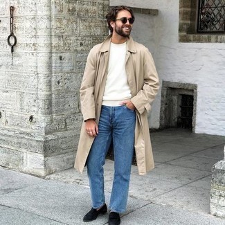 Tan Trenchcoat Outfits For Men: Putting together a tan trenchcoat and blue jeans is a guaranteed way to inject a classy touch into your styling repertoire. Here's how to smarten up this ensemble: black suede loafers.