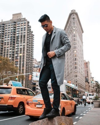 Charcoal Socks Outfits For Men: This street style pairing of a grey trenchcoat and charcoal socks is super easy to throw together in next to no time, helping you look awesome and ready for anything without spending too much time rummaging through your wardrobe. A pair of black leather low top sneakers rounds off this outfit quite well.