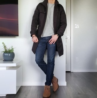 Dark Brown Trenchcoat Outfits For Men: For an effortlessly sleek ensemble, consider wearing a dark brown trenchcoat and navy jeans — these pieces go nicely together. For a more relaxed feel, slip into a pair of brown suede desert boots.