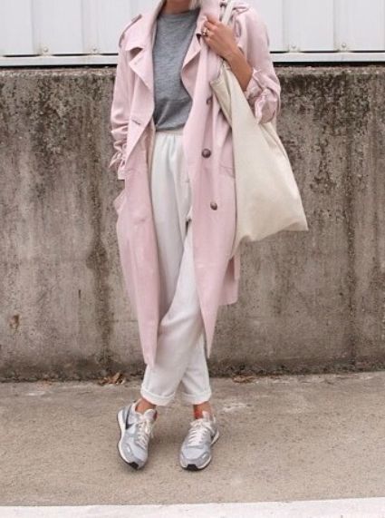 Women's Pink Trenchcoat, Grey Crew-neck T-shirt, White Tapered