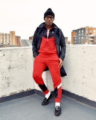 Men's Black Trenchcoat, White and Black Print Crew-neck T-shirt, Red and Black Track Suit, Black Leather Tassel Loafers