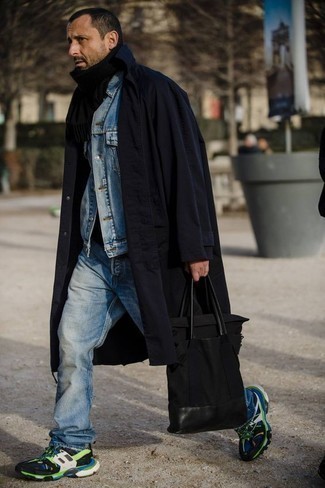 Navy Trenchcoat Outfits For Men: Make a bold statement anywhere you go by wearing a navy trenchcoat and light blue jeans. Add multi colored athletic shoes to the equation to make a mostly classic look feel suddenly fun and fresh.