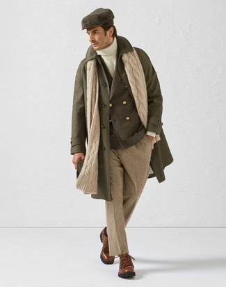 Olive Flat Cap Outfits For Men: Exhibit your skills in menswear styling by opting for this laid-back combination of an olive trenchcoat and an olive flat cap. Brown leather work boots can immediately play down an all-too-perfect outfit.