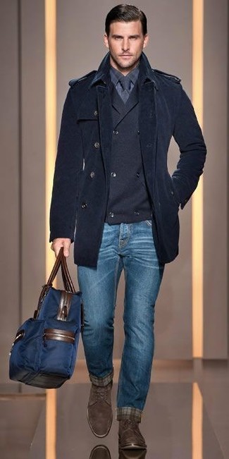 Navy Canvas Holdall Outfits For Men: Why not opt for a navy trenchcoat and a navy canvas holdall? These items are super practical and look good matched together. If you wish to effortlessly spruce up your look with a pair of shoes, why not complete your ensemble with a pair of dark brown suede dress boots?