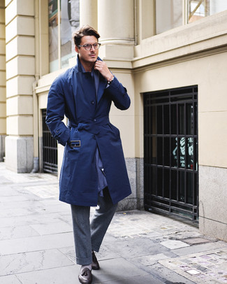 Leather Tassel Loafers Navy Scarf, Mens Navy Blue Trench Coat With Hood