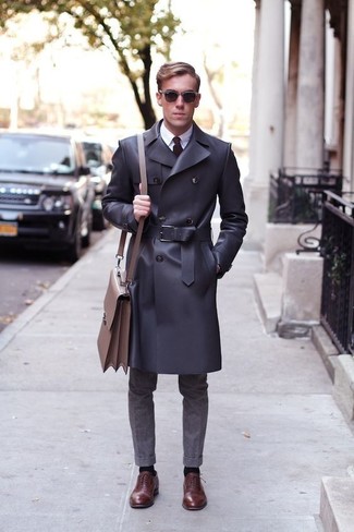 Men's Charcoal Trenchcoat, White Dress Shirt, Charcoal Wool Dress Pants, Brown Leather Oxford Shoes