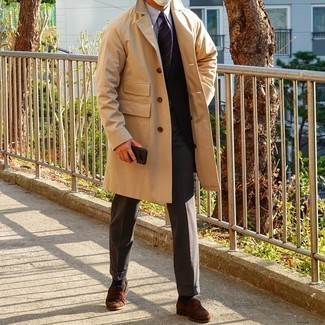 Men's Beige Trenchcoat, White and Navy Vertical Striped Dress Shirt, Dark Brown Dress Pants, Brown Suede Loafers