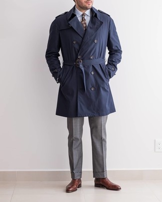 Dark Brown Tie Outfits For Men: This pairing of a navy trenchcoat and a dark brown tie speaks rugged elegance. And if you wish to effortlessly dress down your ensemble with one single piece, why not complement this getup with dark brown leather chelsea boots?