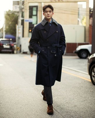 Dark Brown Suede Oxford Shoes Outfits: Opt for a navy trenchcoat and charcoal wool dress pants for truly sharp style. A pair of dark brown suede oxford shoes completes this ensemble quite well.