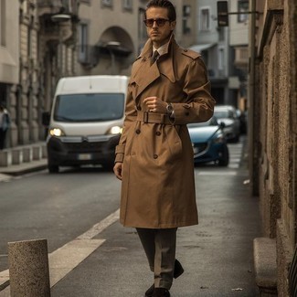 Dark Brown Suede Double Monks Outfits: This elegant pairing of a brown trenchcoat and brown dress pants is a common choice among the dapper gents. Bring an easy-going feel to by wearing dark brown suede double monks.