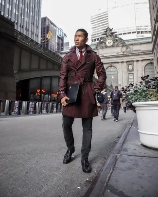 Men's Burgundy Trenchcoat, White and Red Vertical Striped Dress Shirt, Charcoal Jeans, Black Leather Tassel Loafers